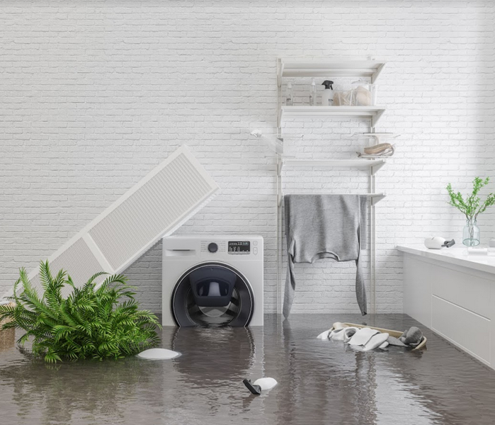 flooded laundry room with items floating around