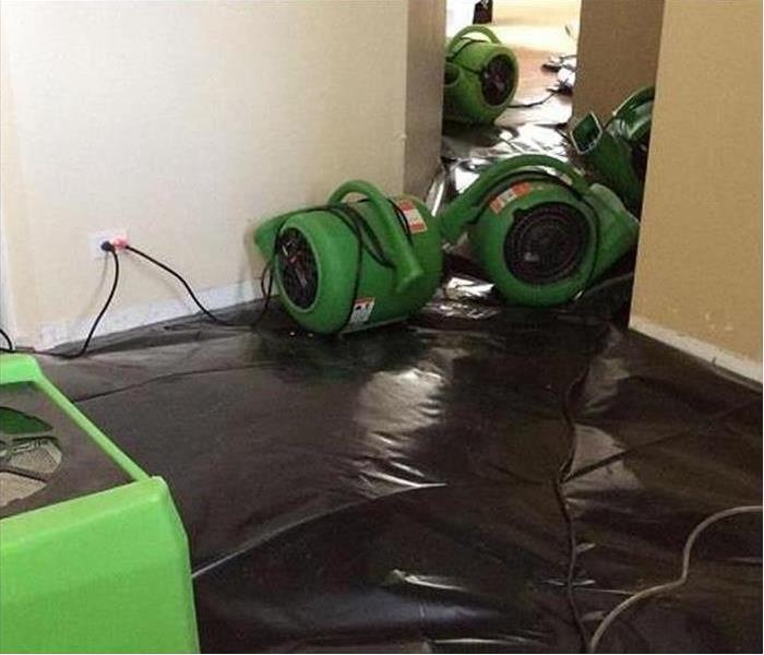 Air movers and LGR dehumidifiers working to dry the carpet in a home